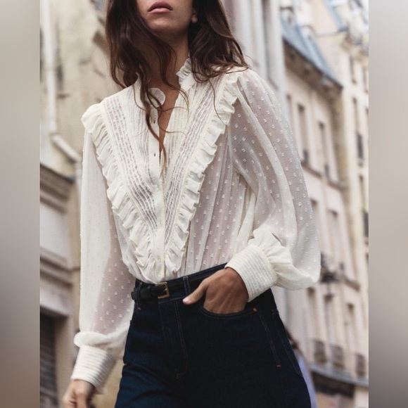 Zara Women’s Ruffled Swiss Dot Semi-Sheer Shirt - Size M - Picture 2 of 14